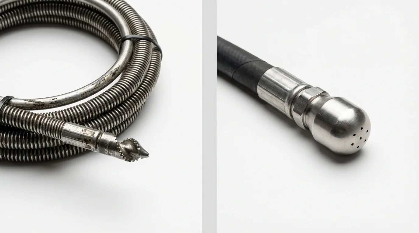 Drain snake cable and hydro jetting nozzle used for drain cleaning in Clewiston, FL