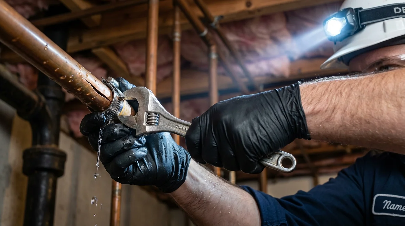 Emergency pipe clamp repair being performed by a Johns Plumbing LLC plumber in Clewiston