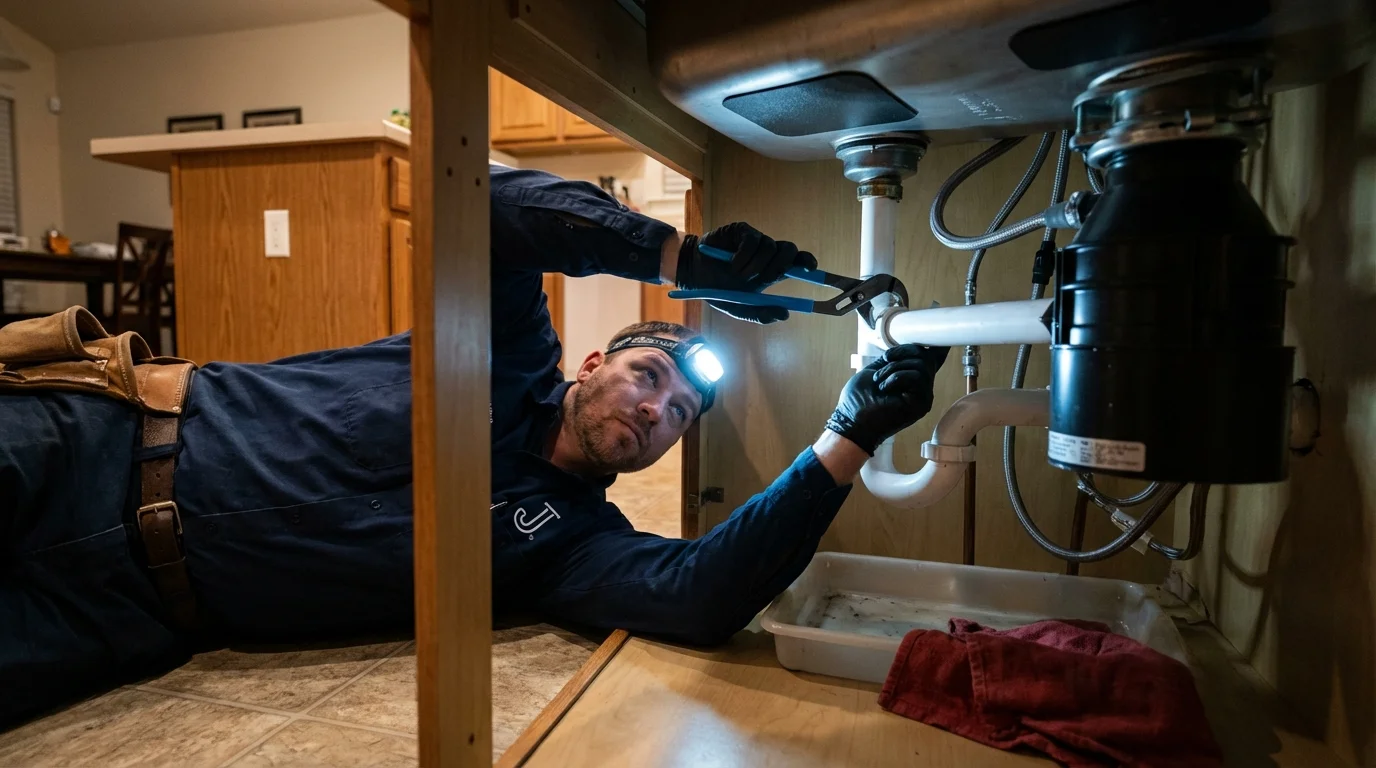 P-trap and supply line connections under a kitchen sink showing a common leak point in Clewiston, FL